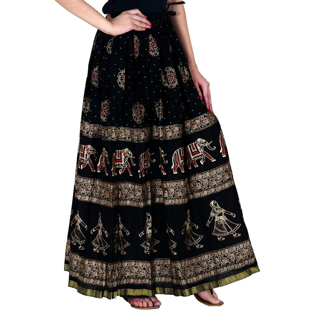 Stylish Cotton Black Kalamkari Print Skirt For Women