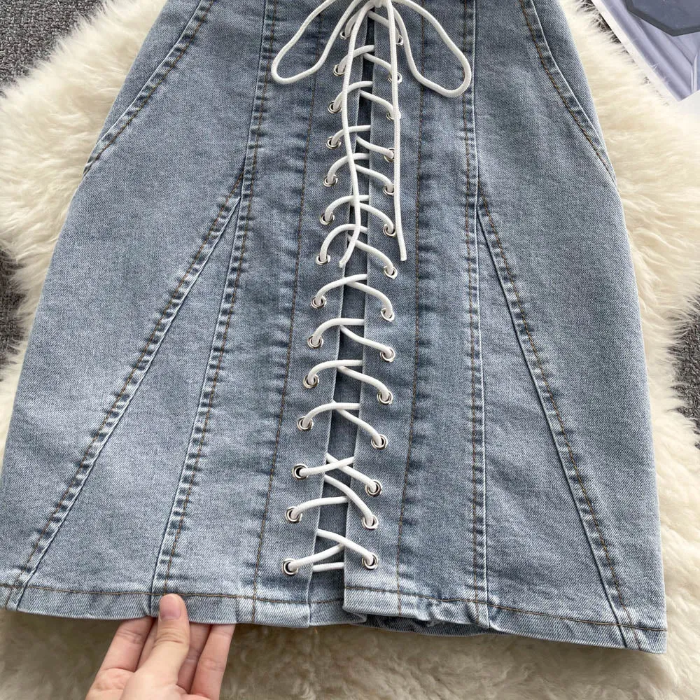 Stylish denim short skirt lace- up dress     S456