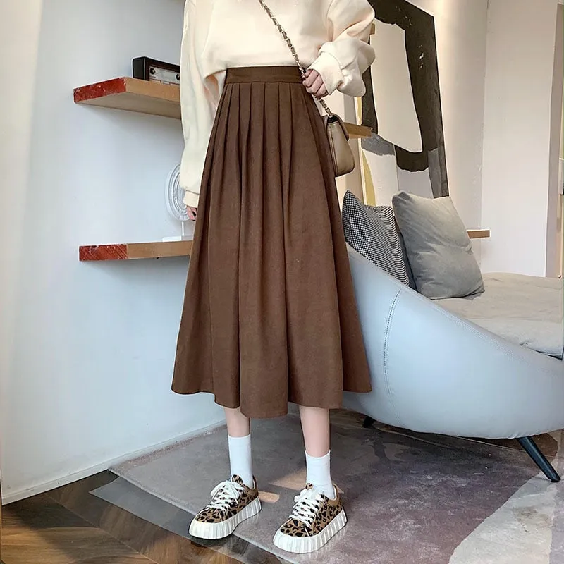 Women's Skirts Vintage High Waist Pleated Skirt Women Long Casual A-line Skirts - WSK0309