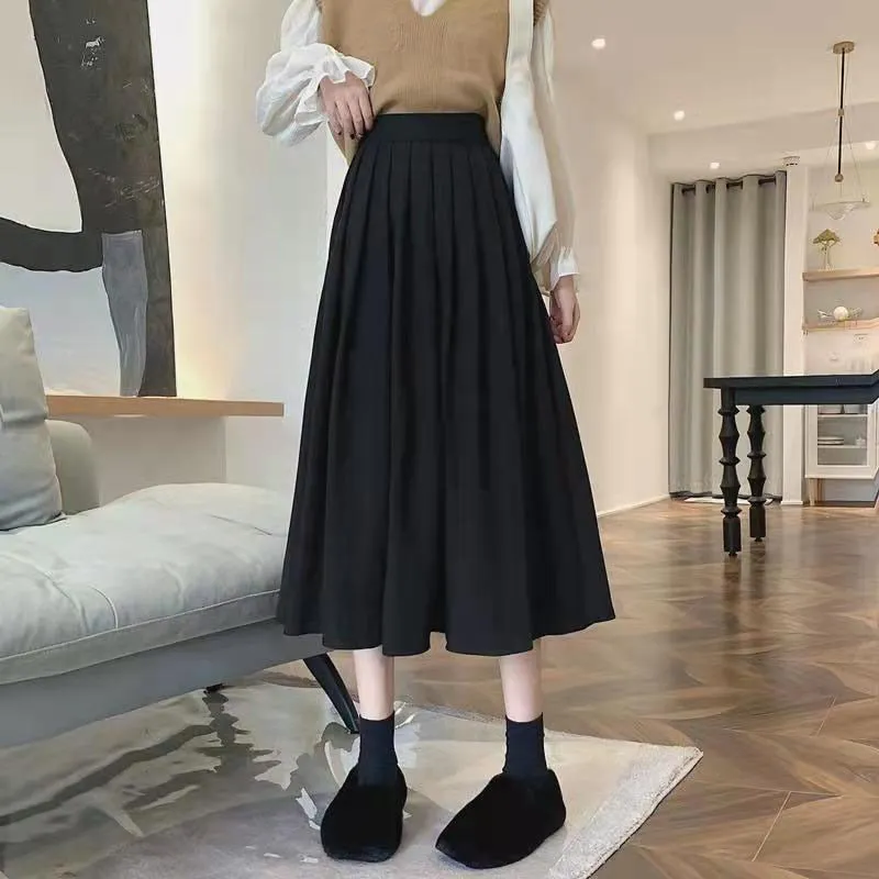 Women's Skirts Vintage High Waist Pleated Skirt Women Long Casual A-line Skirts - WSK0309